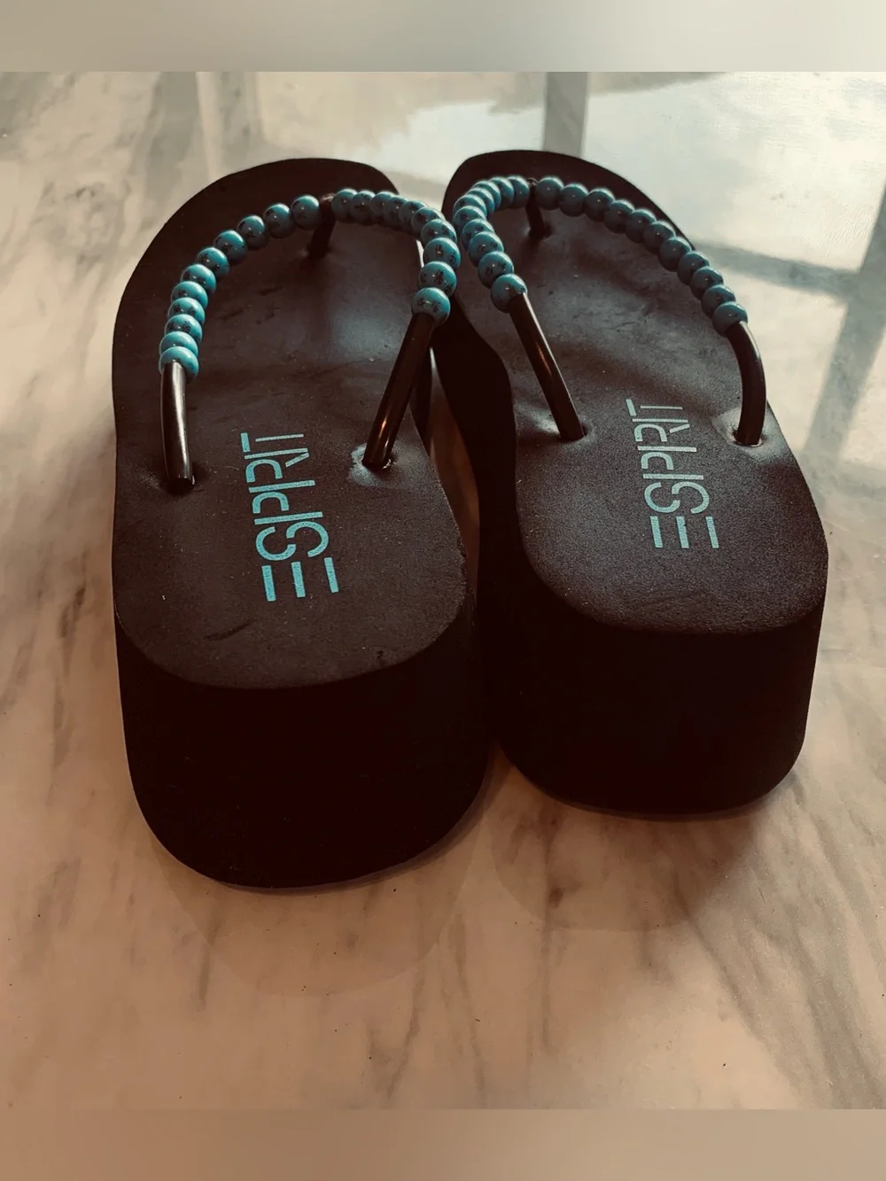 Esprit Black Platform Flip Flops with Turquoise Beaded Straps